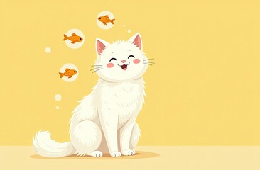 Obraz premium Cat dreams of fish food ? creative yellow poster, fish icons in circles, space for advertising text, pet food marketing.