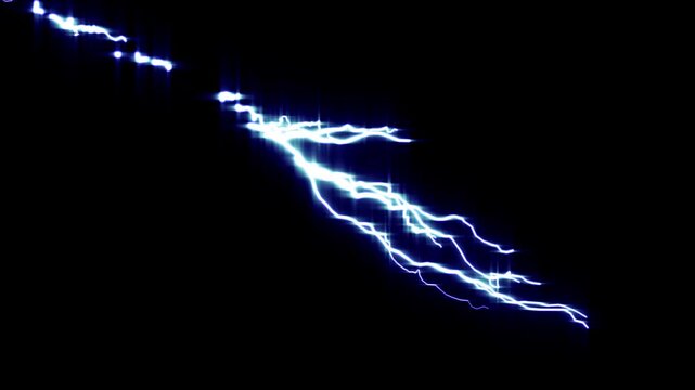 Lightning bolt thunderstorm strike animation, realistic electric lightning flash isolated on black background with glow and energy discharge, high voltage electricity VFX element for compositing video