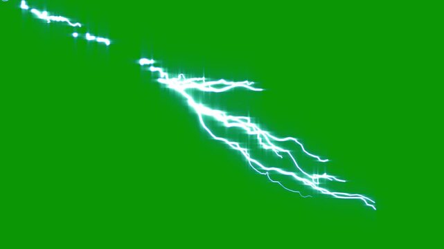 Lightning bolt thunderstorm strike animation, realistic electric lightning flash isolated on green background with glow and energy discharge, high voltage electricity VFX element for compositing video