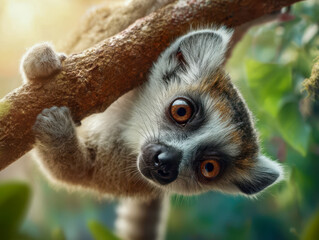 Obraz premium Curious lemur hanging upside down on tree branch, close up of exotic primate in tropical forest