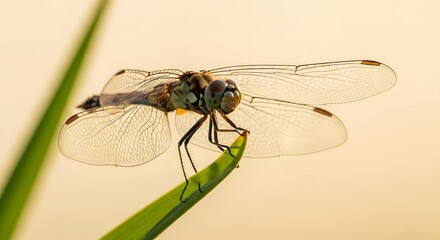 Close-up of Dragonfly on Green Stem.