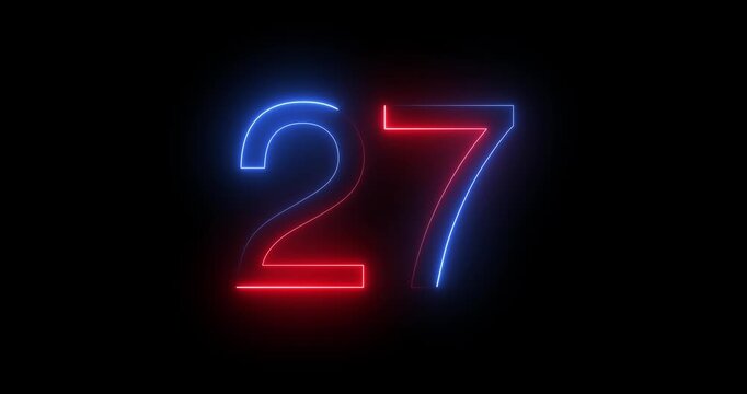 Glowing neon 27 text number animation on black background. Bright neon 27 number symbol. glowing neon number animation concept