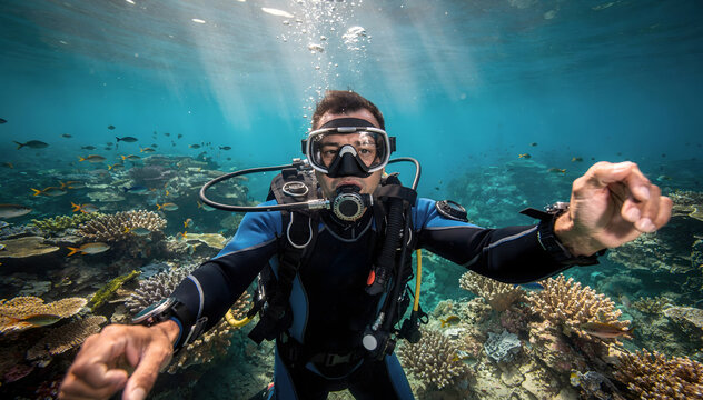 Underwater exploration in tropical waters with a solo male diver amidst vibrant coral reef formations, light rays penetrate the calm, clear ocean surface