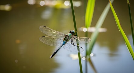 Naklejka premium Dragonfly perched on blade of grass near water.