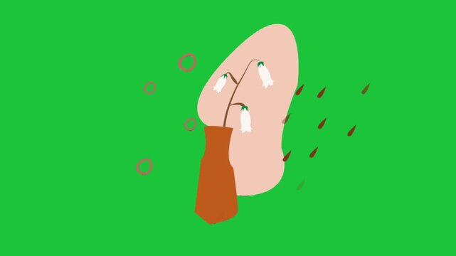 Minimal flat animation with white flowers in vase and abstract shapes on green background smooth loop motion