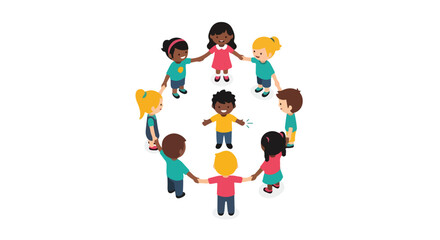 Fototapeta premium A diverse group of children holding hands in a circle on a white background with a playful mood.