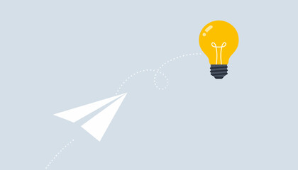 Startup business idea concept with a white paper plane flying upwards connected to a glowing yellow light bulb, representing innovation, creativity, growth, vision, and a successful project launch. © Rafel