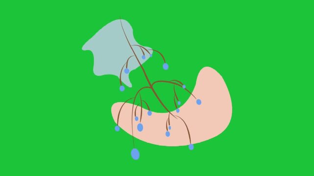 Minimal autumn flat animation with abstract shapes and hanging berries branch on green background smooth loop motion