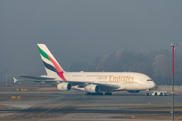 Naklejka premium A6-EED Emirates Airbus A380-861 jet in Zurich in Switzerland 21.1.2026