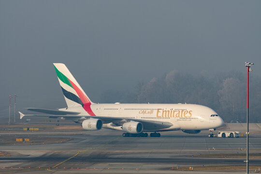 A6-EED Emirates Airbus A380-861 jet in Zurich in Switzerland 21.1.2026