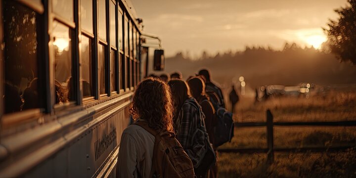 Group of people disembarking from a bus at sunset.