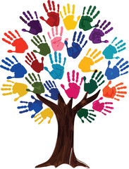 Fototapeta premium Colorful Handprint Tree Illustration Symbolizing Diversity, Unity, Creativity and Child Development for Education, Preschool Classroom Decor and Community Growth Concept Art Background Design