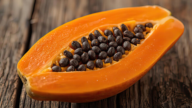 Ripe papaya half with black seeds on wooden table