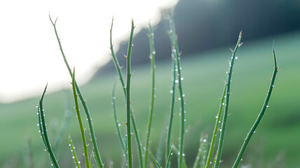 Fresh green grass with morning dew in soft light