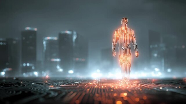 Digital humanoid figure composed of glowing circuit strides forward on a tech lit path, neon city in background, human fusion concept, aesthetic.