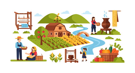 Obraz premium Traditional Rural Farm Lifestyle and Harvest Vector Illustration. Farmers, Weaving, and Agricultural Production in a Scenic Landscape.