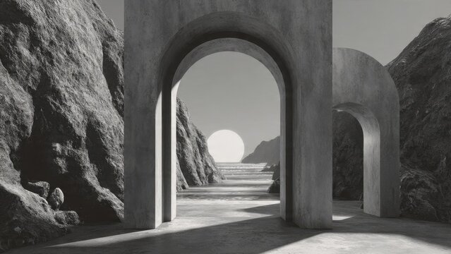 Arches Framing Ocean and Setting Sun