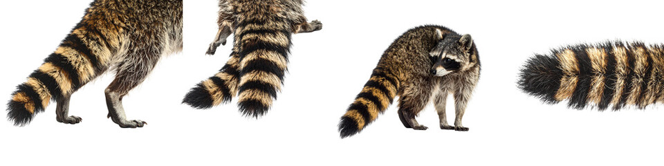 Naklejka premium Raccoon tails and animals in different positions isolated on transparent background