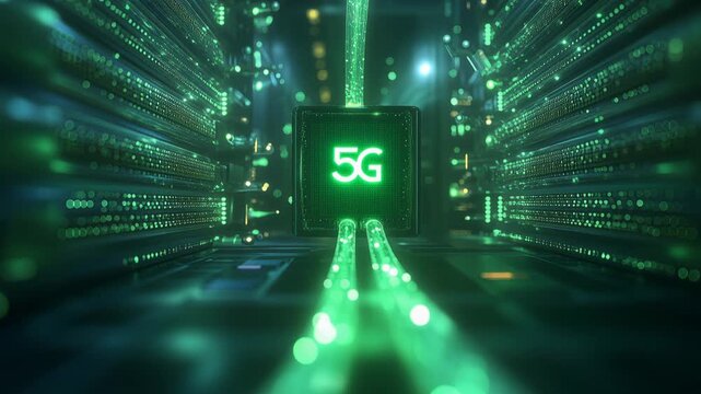 5G network core chip glowing green in server room, fiber optic transmitting data, high speed wireless infrastructure, telecom tech, digital communication hub.