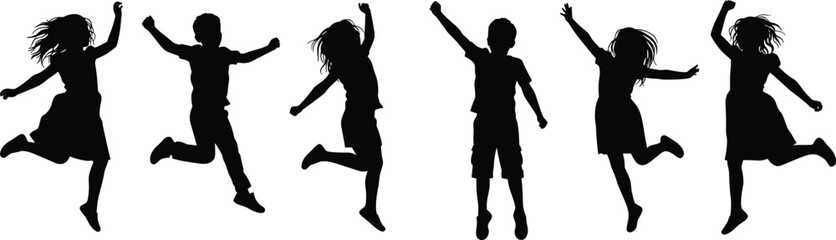 Silhouette of happy children jumping in excitement on white background, group of kids playing, energetic poses, freedom, joyful, outdoor fun, active lifestyle, childhood, sports activity