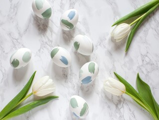 Different pastel Easter eggs and flower, AI generated image