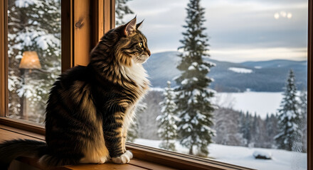 Obraz premium A majestic cat sits on a windowsill gazing out at a serene snowy landscape with evergreen trees and a frozen lake in the distance.