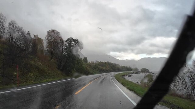 Driving a motorhome on a wet road near Alta, Norway