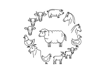 Fototapeta premium Minimal Farm Livestock Outline Icons Vector Collection Isolated on White