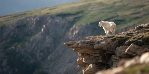 Obraz premium Mountain goat stands on rock ledge overlooking valley at sunset