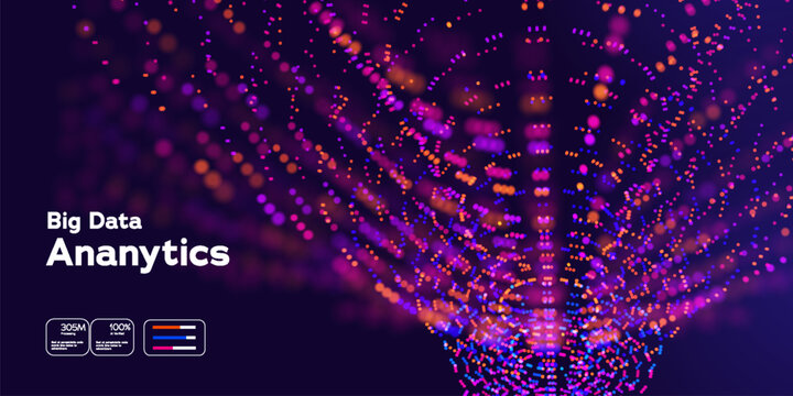 Big Data Digital Background With Flowing Purple Orange And Blue Light Dots Creating Futuristic Wave Tunnel. Neon Data Waves Design. Vector Illustration.