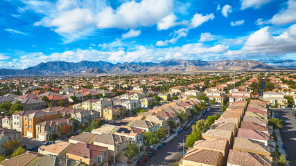 Aerial Las Vegas Residential Neighborhood with Suburban Homes and Mountain View