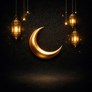 Elegant golden crescent moon with hanging lanterns on dark Islamic pattern background
