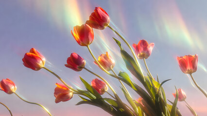 Fototapeta premium Vibrant Red-Yellow Tulip Bouquet Under Serene Blue Sky with Arcing Rainbow in Sunlit Nature