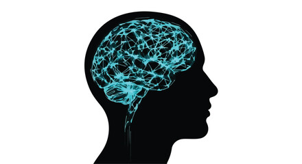 Obraz premium Black silhouette of a human head with glowing blue neural network brain
