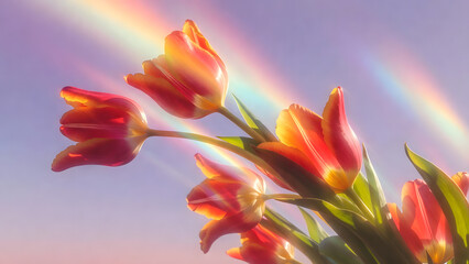 Fototapeta premium Sunlit Tulip Bouquet with Rainbow in Natural Landscape