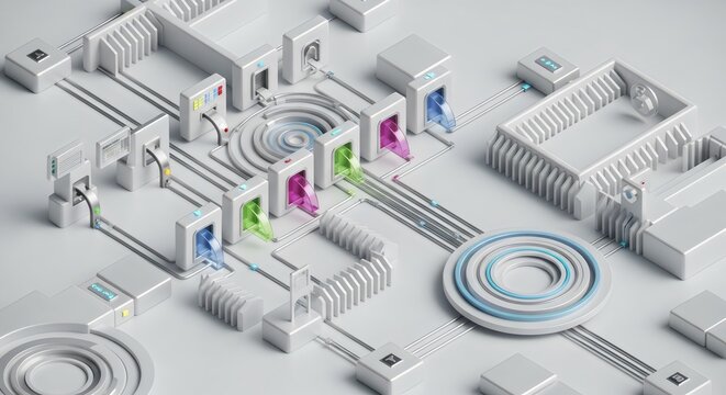 Isometric 3d illustration of an electronic circuit board with a chip featuring a computer architecture blueprint for a smart city building construction plan and business technology data concept