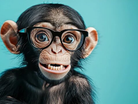 Cute monkey with glasses smiles at the camera in a blue background during a playful moment