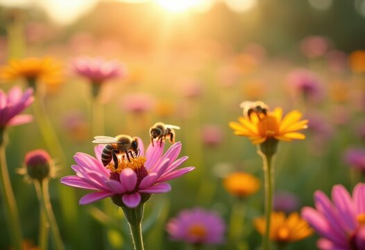 Bountiful Wildflower Meadow Teeming with Energetic Bees in a Sunny Summer Day