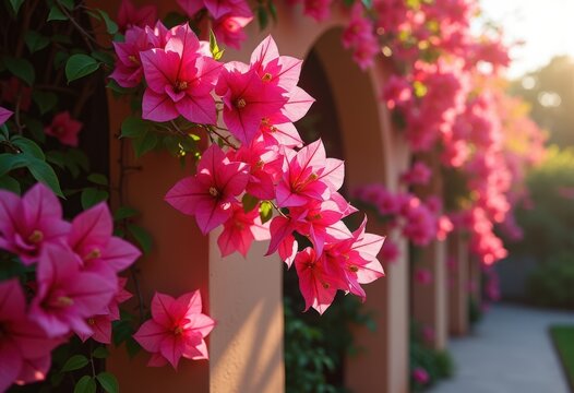 Colorful Bougainvillea Climbing Vivid Wall Design with Series of Vibrant Papery Bracts and Beautiful Petals