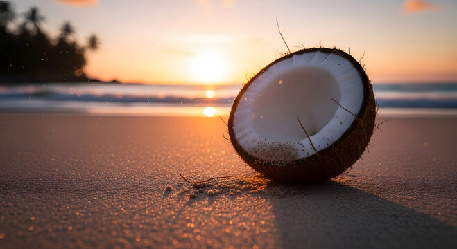 Fresh cracked coconut half sitting on tropical sandy beach at sunset with ocean background
