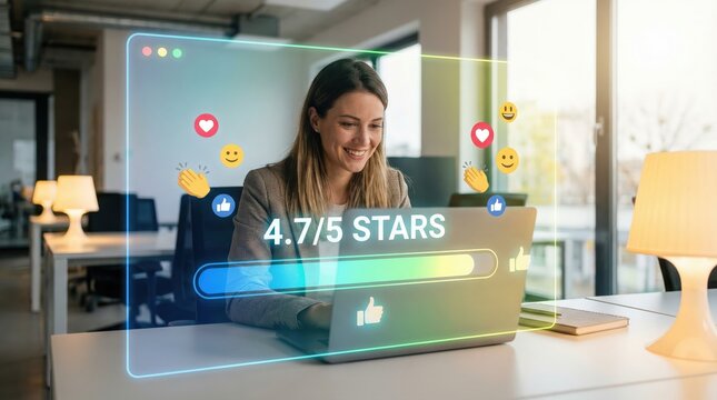 Woman working on laptop with customer satisfaction rating on screen in modern office