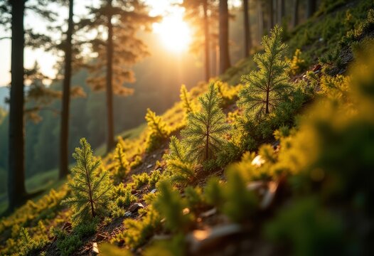 Deciduous Needle Clusters on Larch Grove Hillside Sunlit View Autumn Warmth