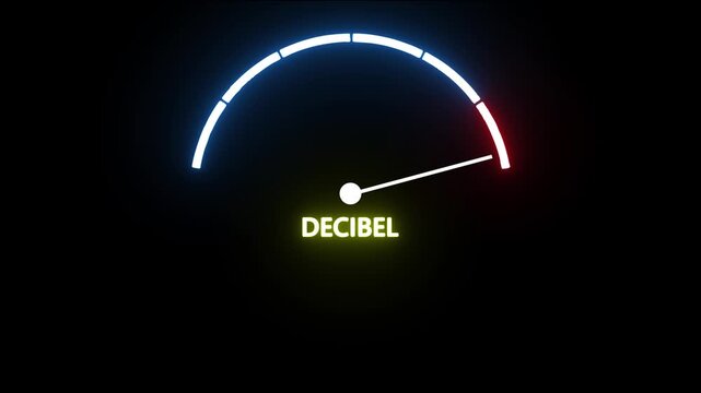 Decibel speedometer gauge with low, medium and high levels. Digital progress bar meter showing rising Decibel on black background.