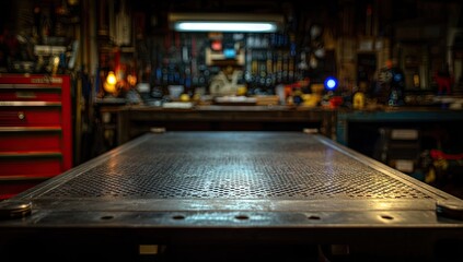 Empty Metal Workbench in a Cluttered Workshop with Tools.