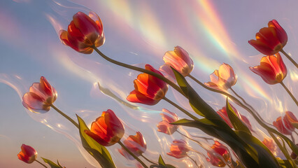 Fototapeta premium Vibrant Tulips in Full Bloom with a Rainbow Across a Sunny Field