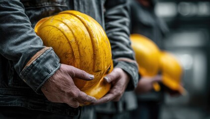 Construction Worker Holding Yellow Hard Hat Safety Equipment.