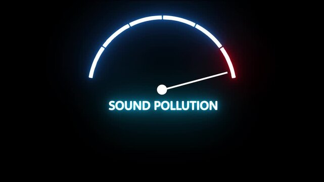 sound pollution speedometer gauge with low, medium and high levels. Digital progress bar meter showing rising sound pollution on black background.