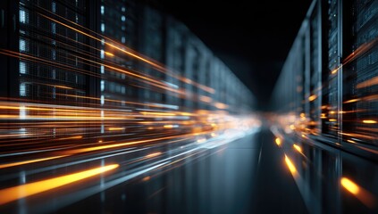 Abstract Futuristic Cityscape with Streaking Lights and Digital Grid.