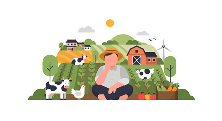 Obraz premium Thoughtful Farmer Planning Sustainable Agriculture in Rural Landscape. Modern Flat Design Farming Concept Illustration.