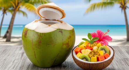 Coconut and Fresh Fruit on Beach Table.